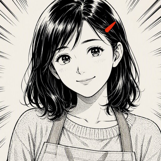 Portrait encré d'une jeune femme aux cheveux noirs courts avec une barrette rouge, sourire doux.