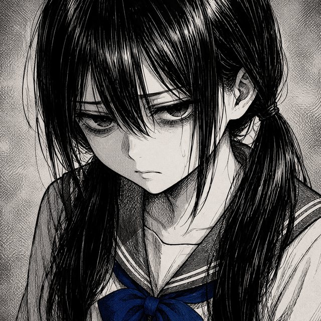 Portrait encré de la lycéenne aux longs cheveux noirs et à la natte basse sur le côté, regard renfrogné, le nœud de son col en unique accent bleu.