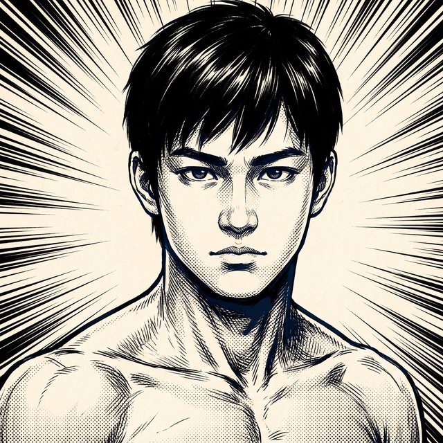 Portrait encré du combattant, musculature dessinée au trait, regard calme et fixe.