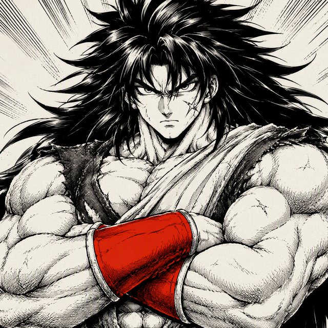 Portrait encré d'un Saiyan à la musculature énorme et aux longs cheveux noirs hérissés, brassards rouges.