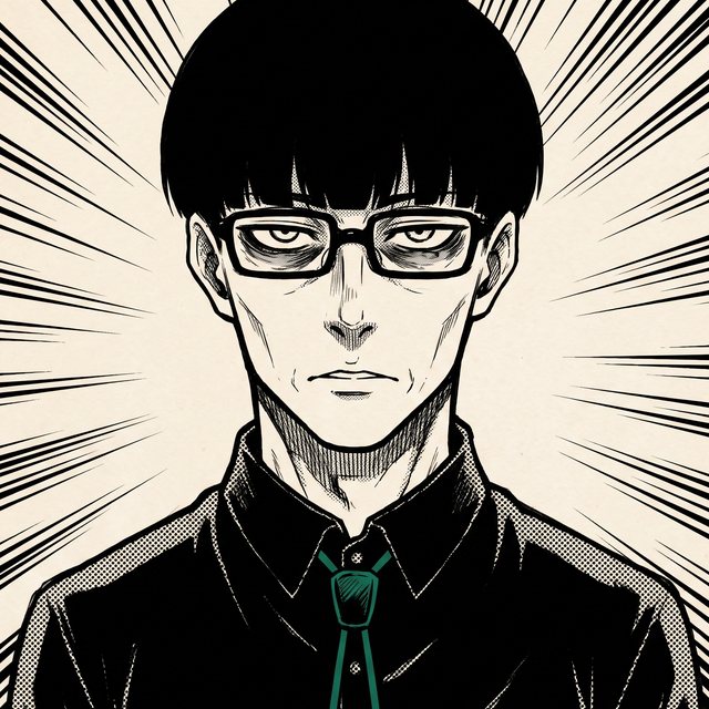 Portrait encré du directeur du projet, coupe au bol noire, lunettes rectangulaires à monture noire, cou très long, chemise noire et cravate bolo.