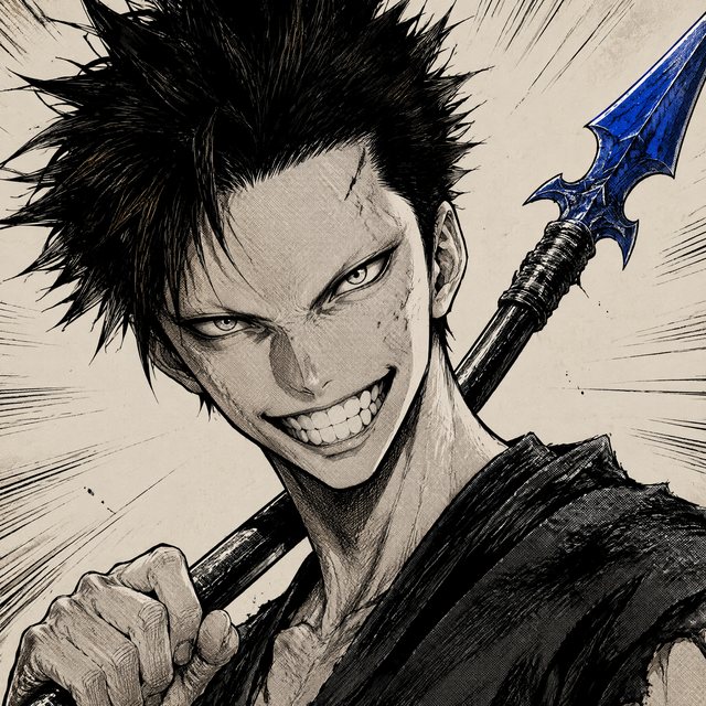 Portrait encré du duelliste aux cheveux sombres hérissés et aux sourcils quasi inexistants, grand sourire carnassier, la lame de sa lance posée sur l'épaule en unique accent bleu.