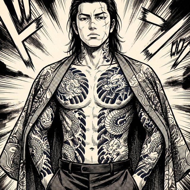 Portrait encré du chef yakuza, irezumi sur tout le torse, kimono ouvert.