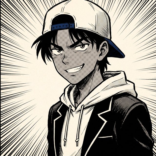 Portrait encré du lycéen d'Osaka, casquette à l'envers, sourire narquois.