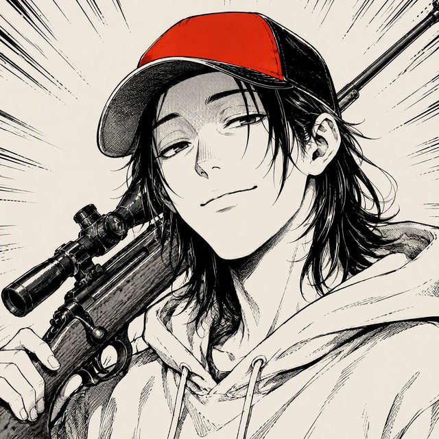 Portrait encré d'un jeune homme à casquette rouge, fusil à lunette sur l'épaule, sourire timide.