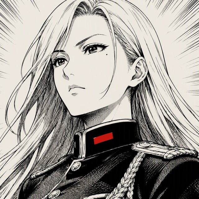 Portrait encré de la capitaine défunte aux longs cheveux blonds, l'allure fière dans son uniforme de la Défense.