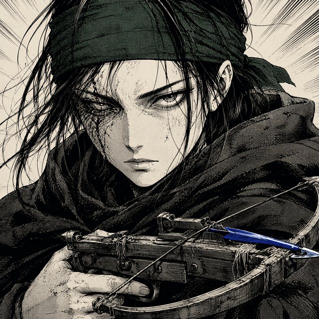 Portrait encré de la chasseuse au bandana sombre, l'œil droit marqué par une cicatrice, cape de laine et arbalète de fortune tenue à deux mains, un carreau en unique accent bleu.