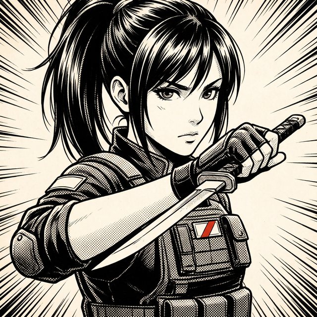 Portrait encré de l'agente ninja, cheveux relevés, lame courte le long de l'avant-bras.