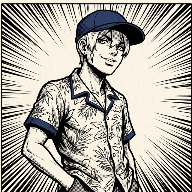Portrait encré du jeune gangster hawaïen, casquette et chemise à motifs tropicaux, sourire malicieux.