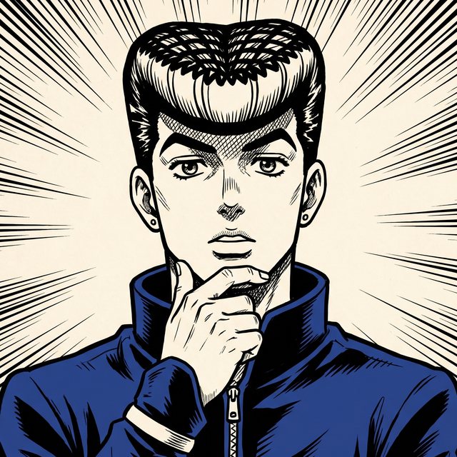 Portrait encré du jeune homme amnésique à la coiffure en pompadour, blouson bleu d'encre, main pensive près du menton.