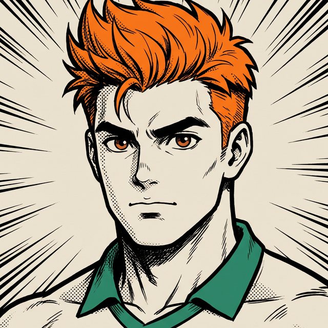 Portrait encré de l'attaquant massif aux cheveux orange hérissés et côtés rasés, yeux auburn, mâchoire carrée, maillot bleu numéro 9.