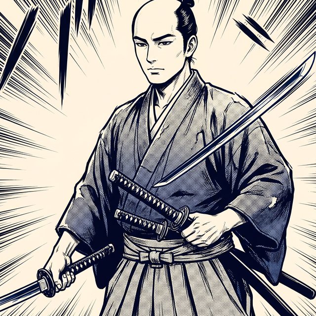 Portrait encré du sabreur en kimono, chignon, deux katanas en garde.