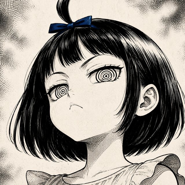 Portrait encré de la fillette au carré noir et aux yeux à anneaux, le nœud de sa mèche rebelle en unique accent bleu.