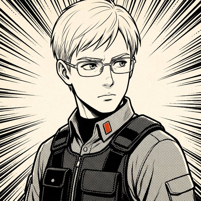 Portrait encré de la jeune recrue à lunettes, uniforme tactique, regard méfiant.