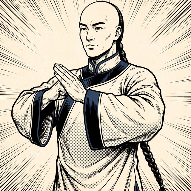 Portrait encré du maître chinois, crâne rasé, robe traditionnelle, salut martial.
