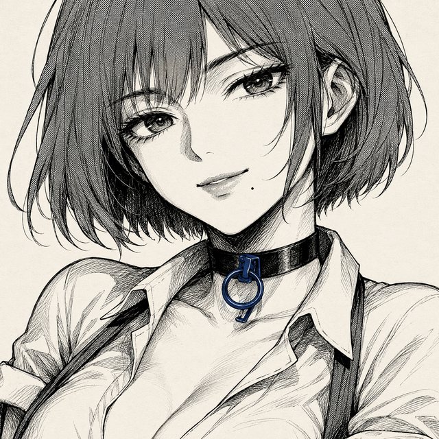 Portrait encré de la serveuse au carré sombre et au choker noir, la goupille de grenade de son choker en unique accent bleu.