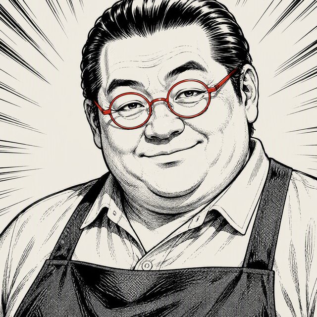 Portrait encré d'un homme corpulent à lunettes rondes rouges, en tablier de commerçant, sourire placide.