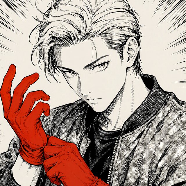 Portrait encré d'un jeune homme aux cheveux clairs hérissés, gants rouges, regard perçant.