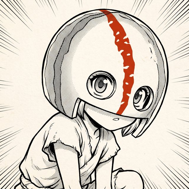 Portrait encré de la petite éclaireuse portant une carapace de pastèque évidée en guise de casque, deux trous pour les yeux, tenue primitive légère.
