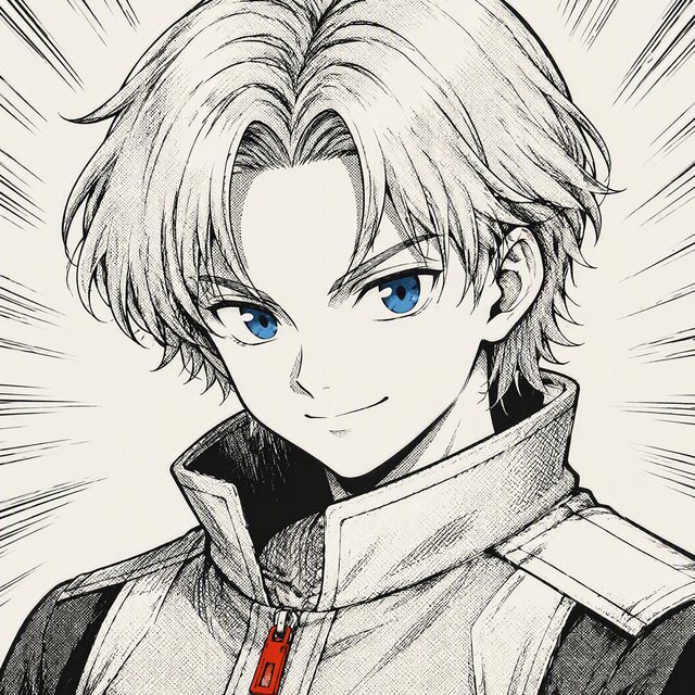 Portrait encré d'un jeune homme aux cheveux clairs et aux yeux bleus, veste à col montant.