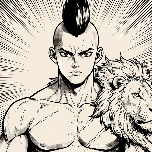 Portrait encré du combattant à la carrure massive, cheveux noirs en crête centrale rasée sur les côtés, peau de lion portée en cape sur les épaules, regard grave.